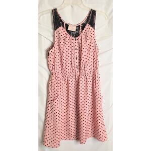 No Boundaries Dress Women's Lg 11-13 Pink w/Black Polka Dots Lace Shoulders/Back